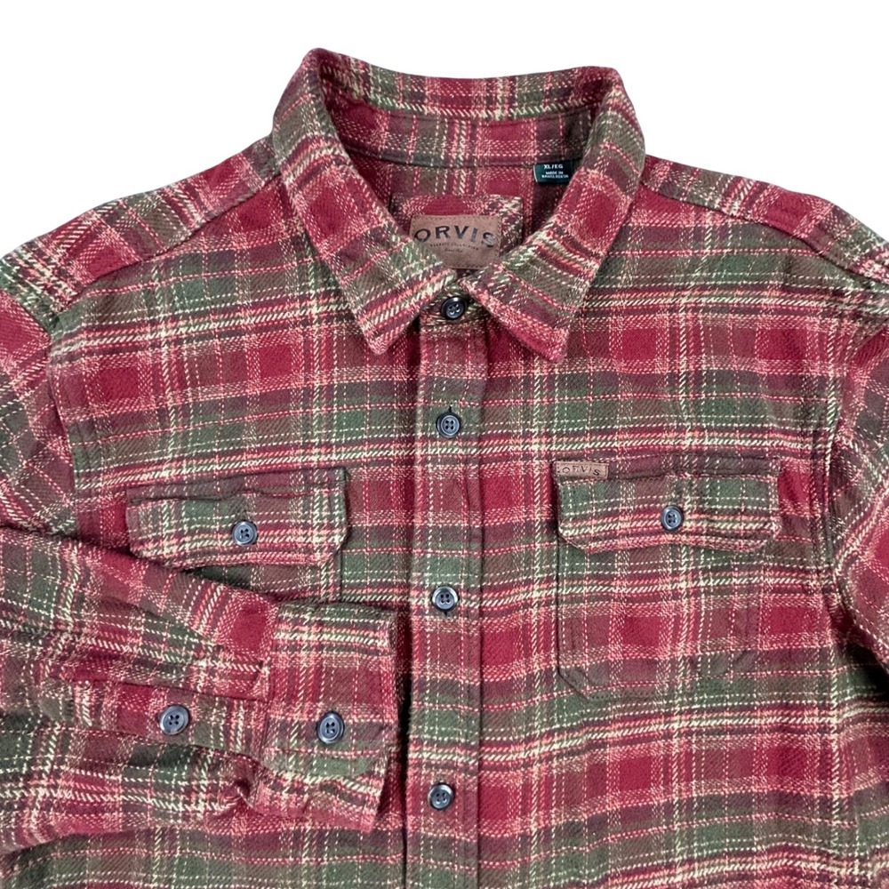 ORVIS Mens XL Red Green Plaid Flannel Shirt Jacket Long Sleeve Button Up Shacket